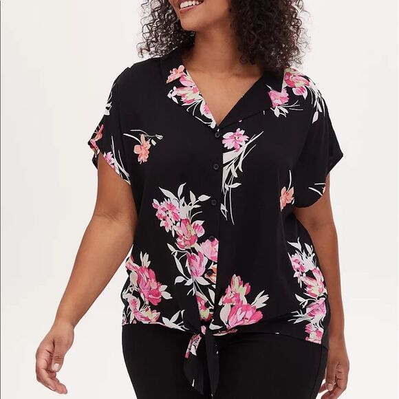 Torrid Black Floral Challis Tie Front Midi Dolman Blouse Size 1 - Picture 1 of 8